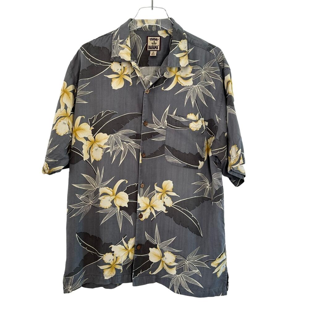 Tommy Bahama Hawaiian Shirt Men Medium Gray‎ Yellow Short Sleeve Silk Floral